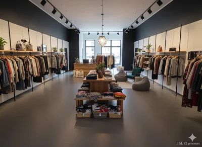 Geschäftsfläche mit Regalen und Sitzgelegenheit sowie Kleidung