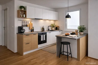 Küche mit Einrichtung, Bar und Hocker