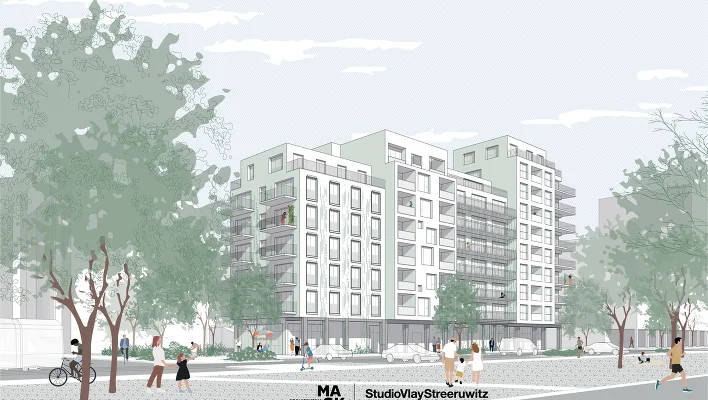 Wohnhausanlage mit Bäumen, Menschen und