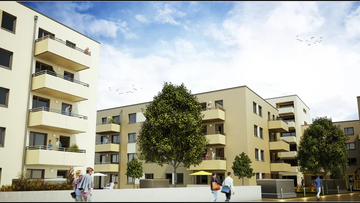 Wohnhausanlage mit Menschen und Bäumen