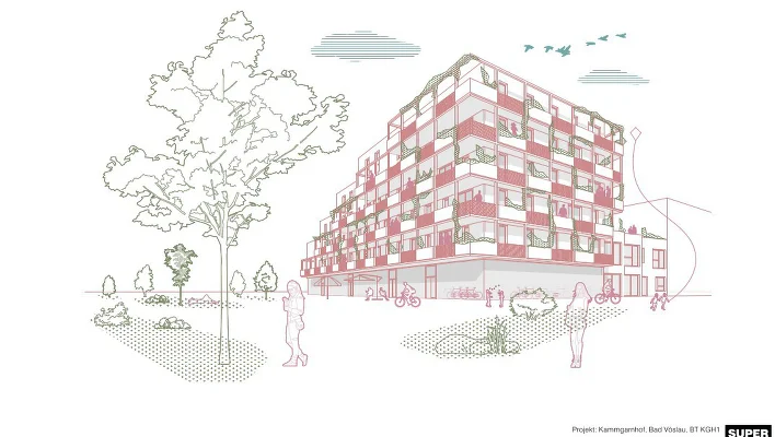 Visualisierung Wohnhausanlage mit Personen, Grünfläche und Pflanzen