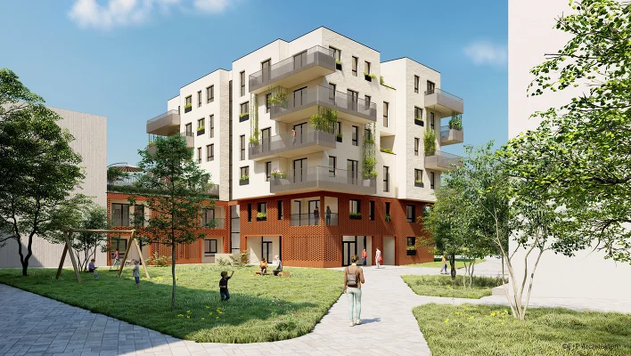 Wohnhausanlage mit Personen und spielenden Kindern im begrünten Innenhof mit Bäumen