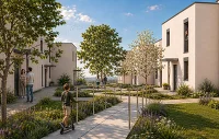 Moderne Wohnanlage mit begrüntem Innenhof und barrierearmen Wegen
