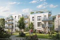 Wohnhausanlage mit großzügigen Balkonen, begrüntem Innenhof und Spielbereich