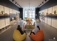 Spieleraum mit Einrichtung, Sitzgelegenheit für Kinder und Erwachsene mit Kindern und Erwachsenen