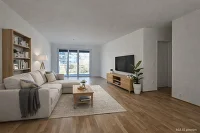 Wohnzimmer mit Couch und kleinem Tisch, Bücherregal, Sideboard mit Fernseher und Pflanze