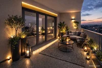 Balkon mit Sitzgelegenheit, kleinem Tisch, Pflanzen und Beleuchtung