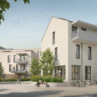 Wohnhausanlage mit Personen, Fahrradabstellplätzen, Bäumen und Grünflächen