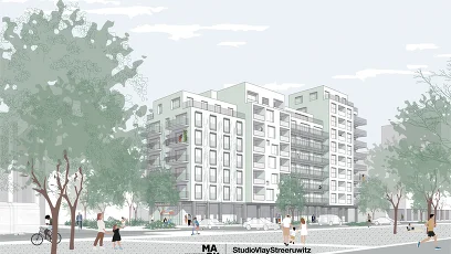 Wohnhausanlage mit Bäumen, Menschen und