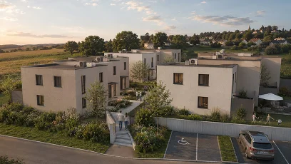 Wohnanlage mit mehreren Wohnhäusern, Gärten, Gehwegen und Parkplätzen