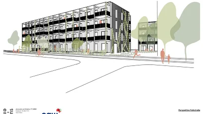 Visualisierung Wohnhausanlage mit Personen und Bäumen