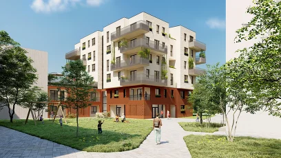 Wohnhausanlage mit Personen und spielenden Kindern im begrünten Innenhof mit Bäumen