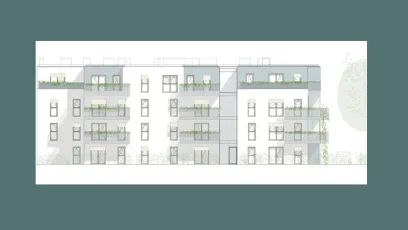 Wohngebäude mit modernen Balkonen, begrünten Außenbereichen und heller Fassadengestaltung